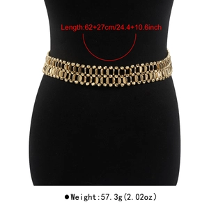 Detail of gold double-layer chain belt showing dimensions 62+27cm and 57.3g weight