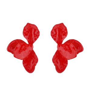 Vibrant red oversized flower petal earrings with high gloss enamel finish in fashion style