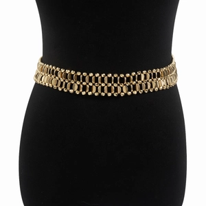 Detailed macro view of the gold-plated double-row metallic belt's texture on a mannequin