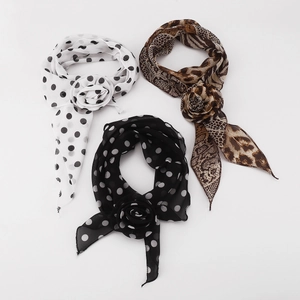 Polka dot and leopard print skinny silk scarves with decorative 3D fabric flowers
