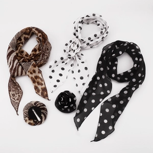 Detailed set of three chiffon skinny scarves with leopard, polka dot patterns and floral pins