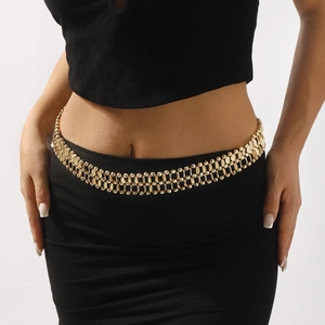 Chic multi-layered golden metal chain belt for women styled on a black slim dress