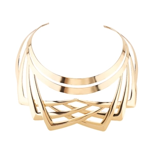 Detail macro view of layered irregular geometric gold choker necklace with architectural lines