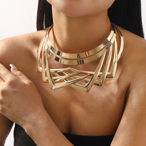 Exaggerated Geometric Iron Multi Layer Choker Necklace For Women Gold Silver Plated Statement Bold Fashion Jewelry Accessory