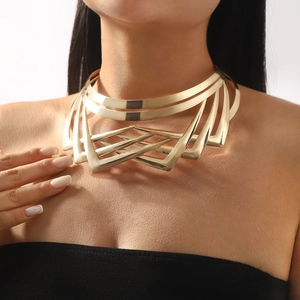 Statement layered geometric gold choker necklace with a polished metallic finish for women