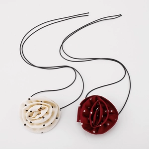 Polka dot satin rose choker necklaces in cream and burgundy with long silk ribbons