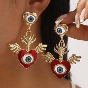 Vintage Gold Legierung Rote Emaille Herz Böser Blick Flügel Ohrhänger Für Damen Bohemian Sacred Heart Dangle Schmuck