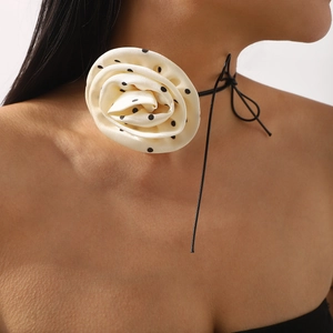 French Style Satin Polka Dot Fabric Rose Flower Choker Necklace For Women Vintage Bow Tie-up Ribbon Clavicle Chain Jewelry