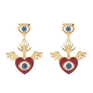 Einzigartige goldene Evil Eye Ohrringe mit rotem Emaille Herz und Flügeln Motiv