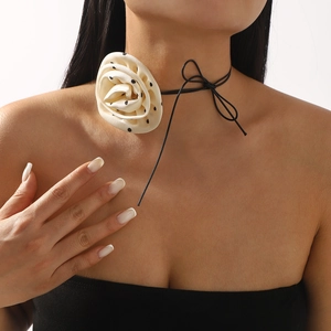 Polka dot satin rose choker necklace with elegant black ribbon bow tie for women