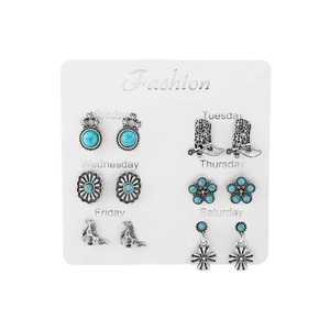 6-Paar Vintage-Ohrstecker-Set mit Türkis, Stierkopf und floralen Designs