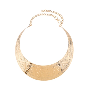 Ethnic style wide golden bib necklace with engraved texture and adjustable chain
