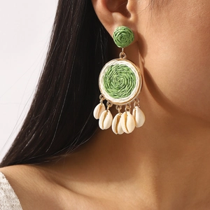Bohemian colorful raffia earrings with white shell pendants for summer vacations