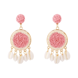 Pink raffia woven round earrings with white shell pendants and gold metal accents