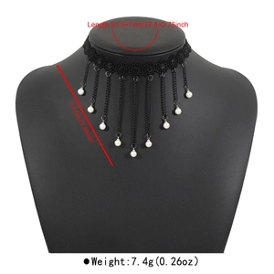 Detailed view of Gothic black lace choker necklace with pearls and metal fringe tassels