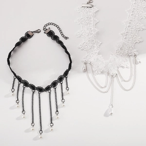 Detail of gothic lace choker with metal chain fringe and teardrop pearl charms