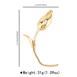 Golden tulip brooch detail showing 11.3cm height and polished mirror finish metal