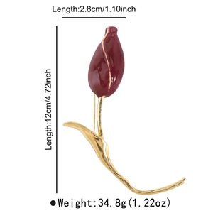 Detailed dimension guide for the elegant red tulip enamel brooch with gold stem