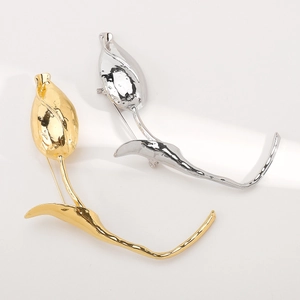 Elegant tulip flower brooch in gold and silver finish with hand-textured petal details