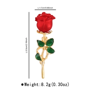 Dimensions détaillées de la broche rose rouge indiquant les mesures de hauteur et largeur