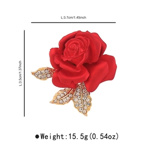 Dimensions détaillées de l'élégante broche rose rouge avec strass et feuilles d'or