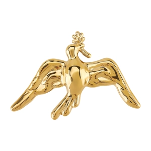 Detailed close-up of a gold bird brooch with polished mirror finish and olive branch