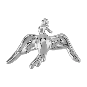 Detailed view of a silver dove brooch with polished finish and olive branch design