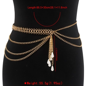 Macro detail of multi-layer gold beach waist chain with pearl drops and size specs