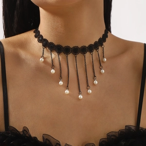 Gothic lace choker necklace with metallic chains and elegant faux pearl tassels