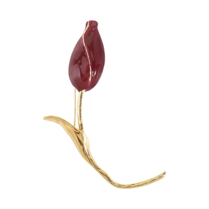 Close-up of burgundy tulip brooch with gold plating and refined enamel texture detail