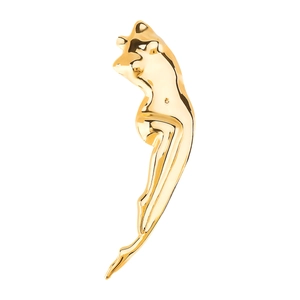 Polished gold abstract female body sculpture pin with high gloss mirror finish on white