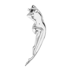 Macro detail of silver stainless steel brooch showing polished artistic body sculpture