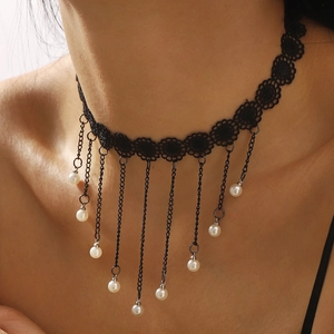 Gothic black floral lace choker necklace with metallic chain tassels and white faux pearls