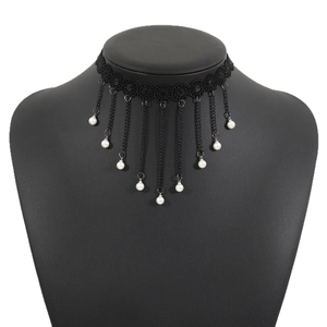 Gothic black lace choker necklace with metallic chain tassels and white faux pearls
