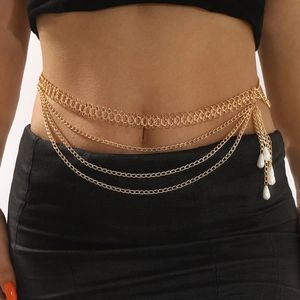 Multi Layer Waist Chain Gold Alloy Body Chain With Imitation Artificial Pearl Pendants For Beach Summer Vacation Bikini Jewelry Women