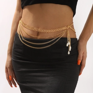 Multi-layer gold metal waist chain with elegant pearl drops for beach and body jewelry