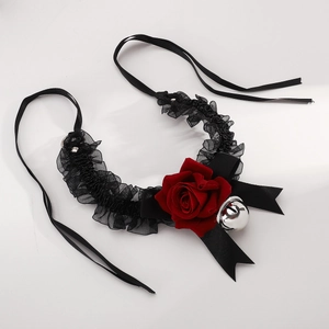 Detail of gothic lace choker featuring a dark red rose, black bow, and silver bell charm