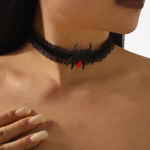 Gothic Schwarz Spitze Spinne Choker Halskette Mit Rot Strass Halloween Party Schmuck Für Damen Sexy Stoff Halsreif