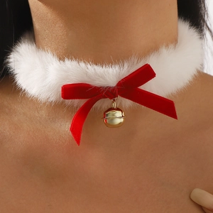 Collier Ras-du-Cou en Fausse Fourrure avec Nœud et Cloche Ruban de Velours Collier en Peluche pour Femme Fête de Noël Bijoux de Cosplay