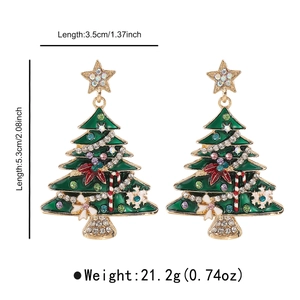 Detail view of festive Christmas tree earrings with colorful rhinestones and dimensions