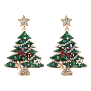 Detail of Christmas tree earrings with colorful rhinestones and green enamel on gold metal