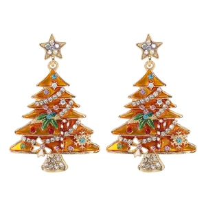 Detail of Christmas tree earrings with colorful rhinestones and festive enamel patterns
