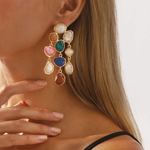 Fashionable colorful resin tassel earrings with bohemian style and gold metal base