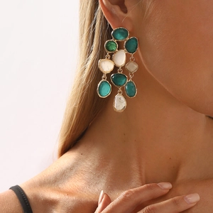 Bohemian multi-layer resin tassel drop earrings with vintage colorful geometric stones
