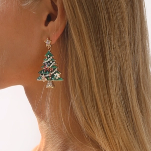 Christmas tree drop earrings with colorful rhinestones and gold star for women