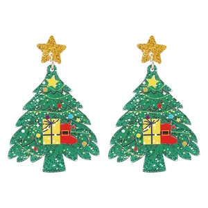 Détails de boucles d'oreilles sapin de Noël en acétate avec étoiles pailletées et motifs