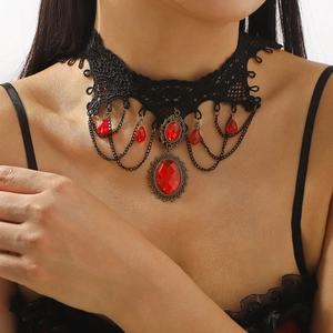 Gothic lace choker necklace with red rhinestones and black chain tassels for women