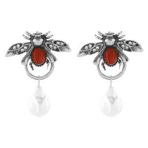 Vintage insect bee drop earrings with red crystal and baroque pearl pendant details