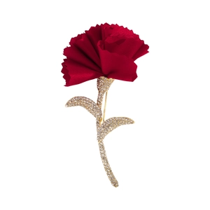 Detailed close-up of dark red fabric flower brooch with sparkling crystal leaves
