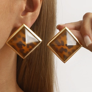 Pendientes de Botón Cuadrados Geométricos Vintage Retro para Mujer Resina Estampado Leopardo Aleación Pirámide Joyería Fiesta